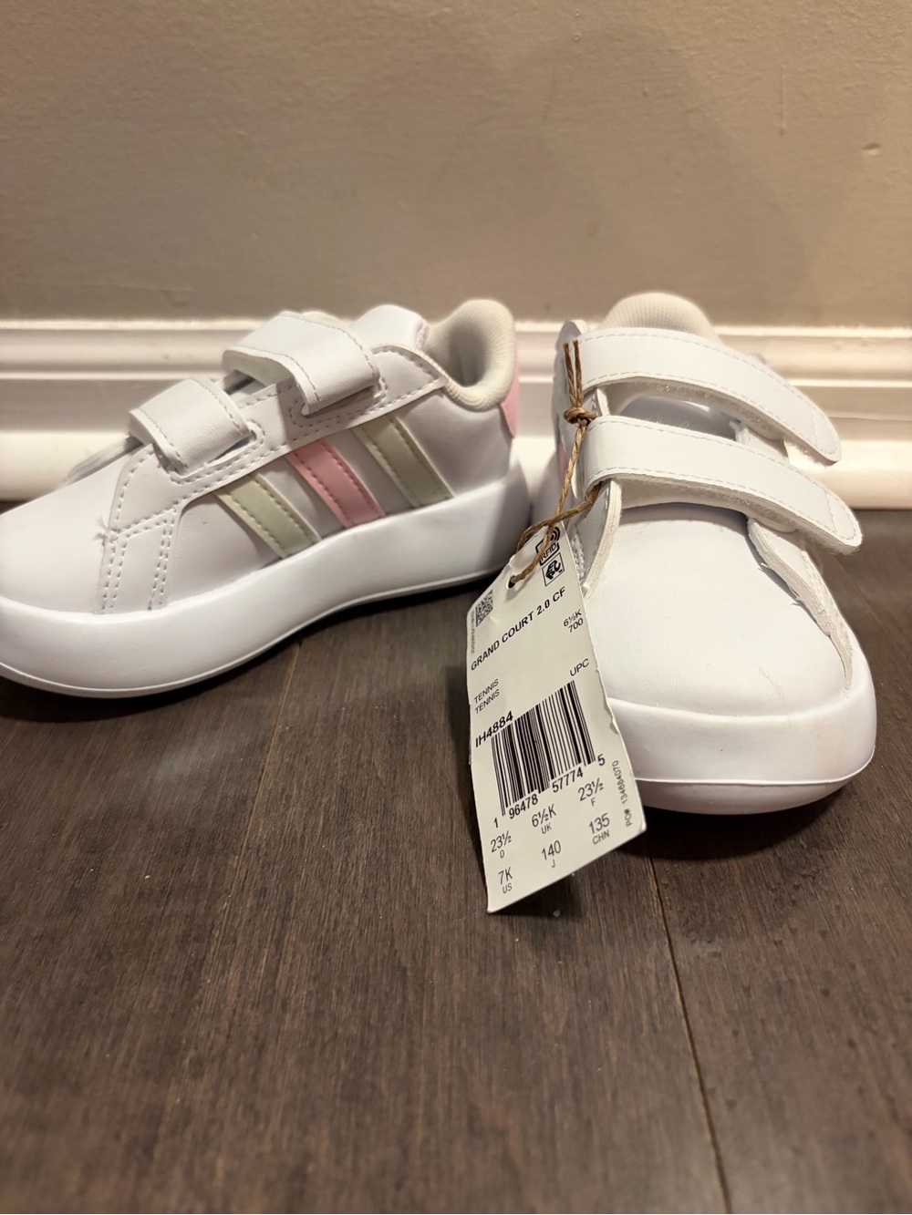 adidas White Sneakers with Pink & Cream Stripe Accents - Kids Velcro